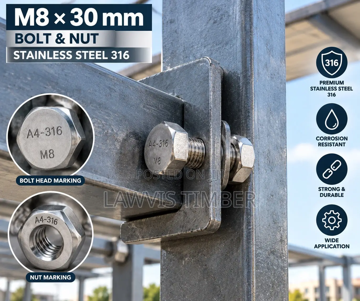 M8 X 30mm Stainless Steel 316 Bolt Nut