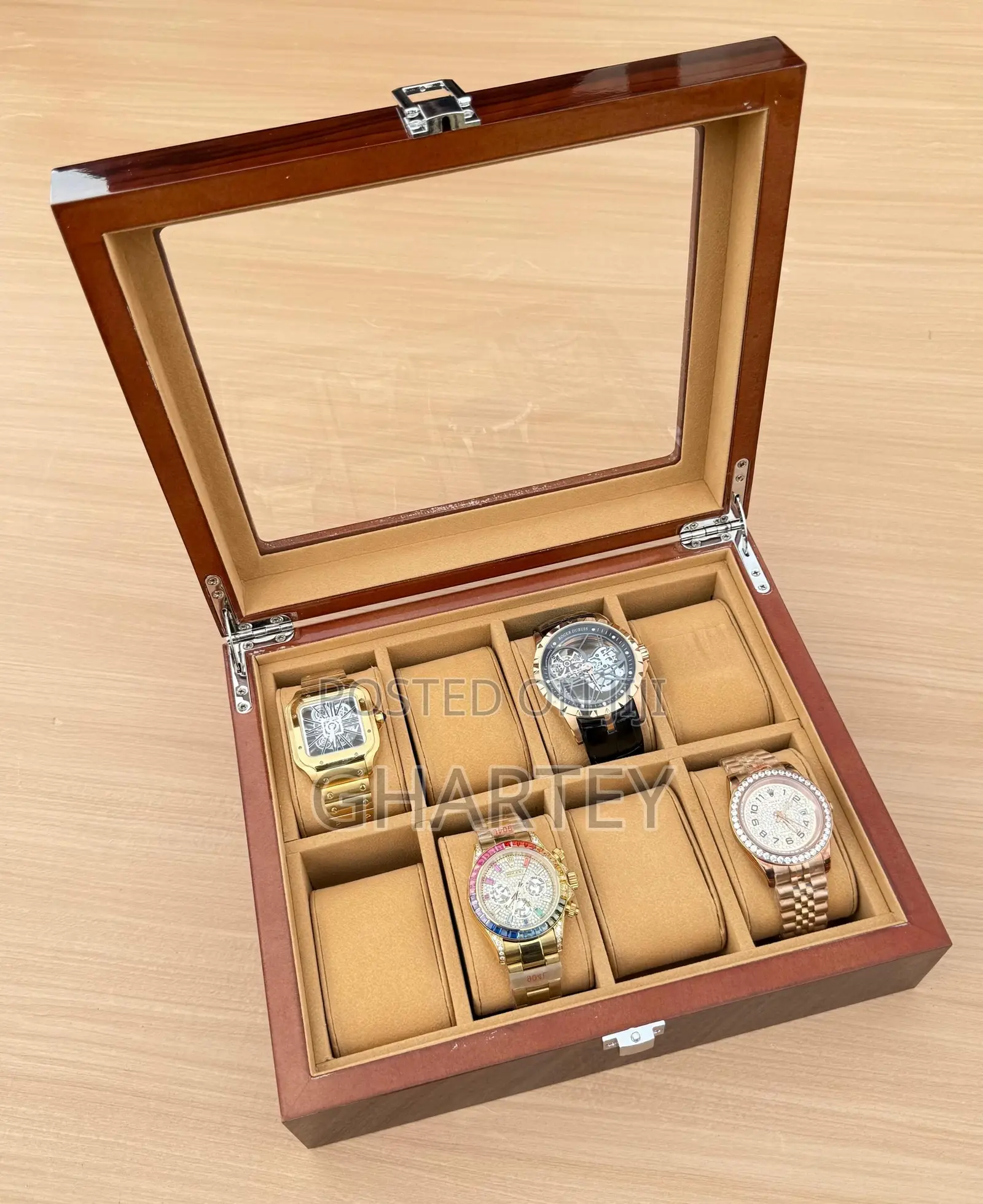 8 Brown Wooden Glass Display Watches Organizer