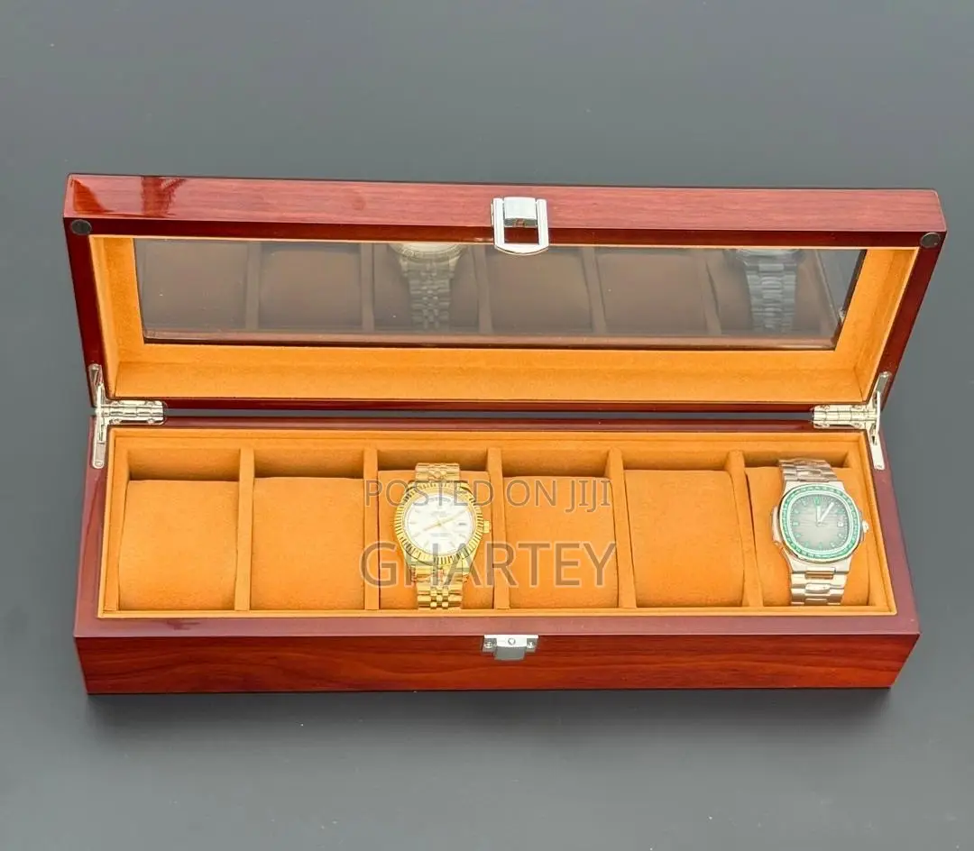 6 Slots Wood Glass Top Watches Organizer- Brown