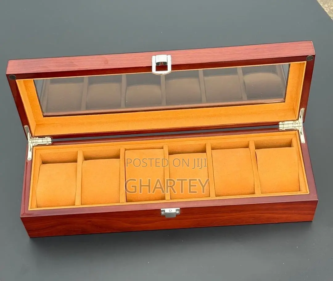 6 Slots Wood Glass Top Watches Organizer- Brown