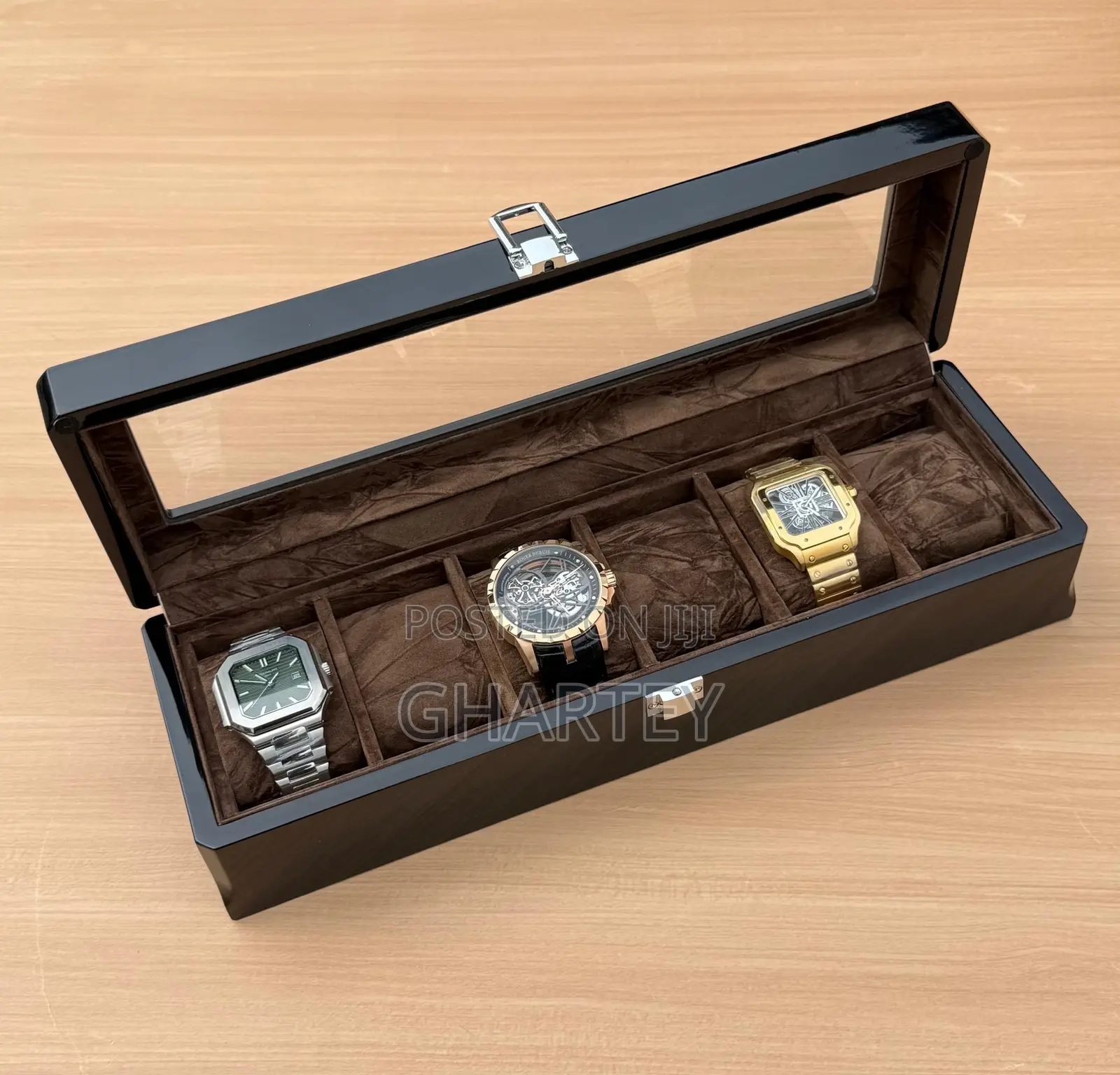 6 Slots Wooden Watches Organizer With Glass Lid Coffee Brown