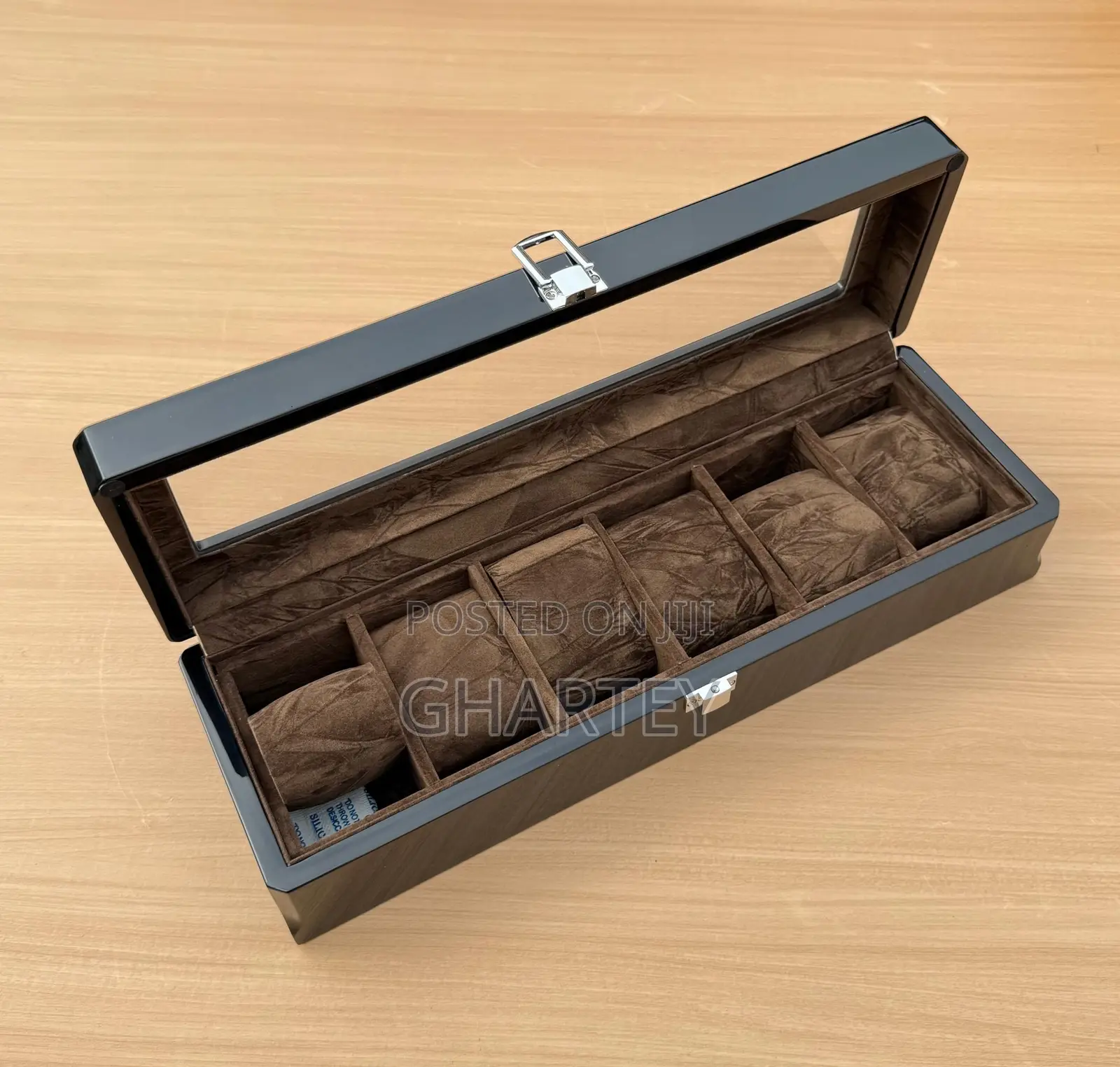 6 Slots Wooden Watches Organizer With Glass Lid Coffee Brown