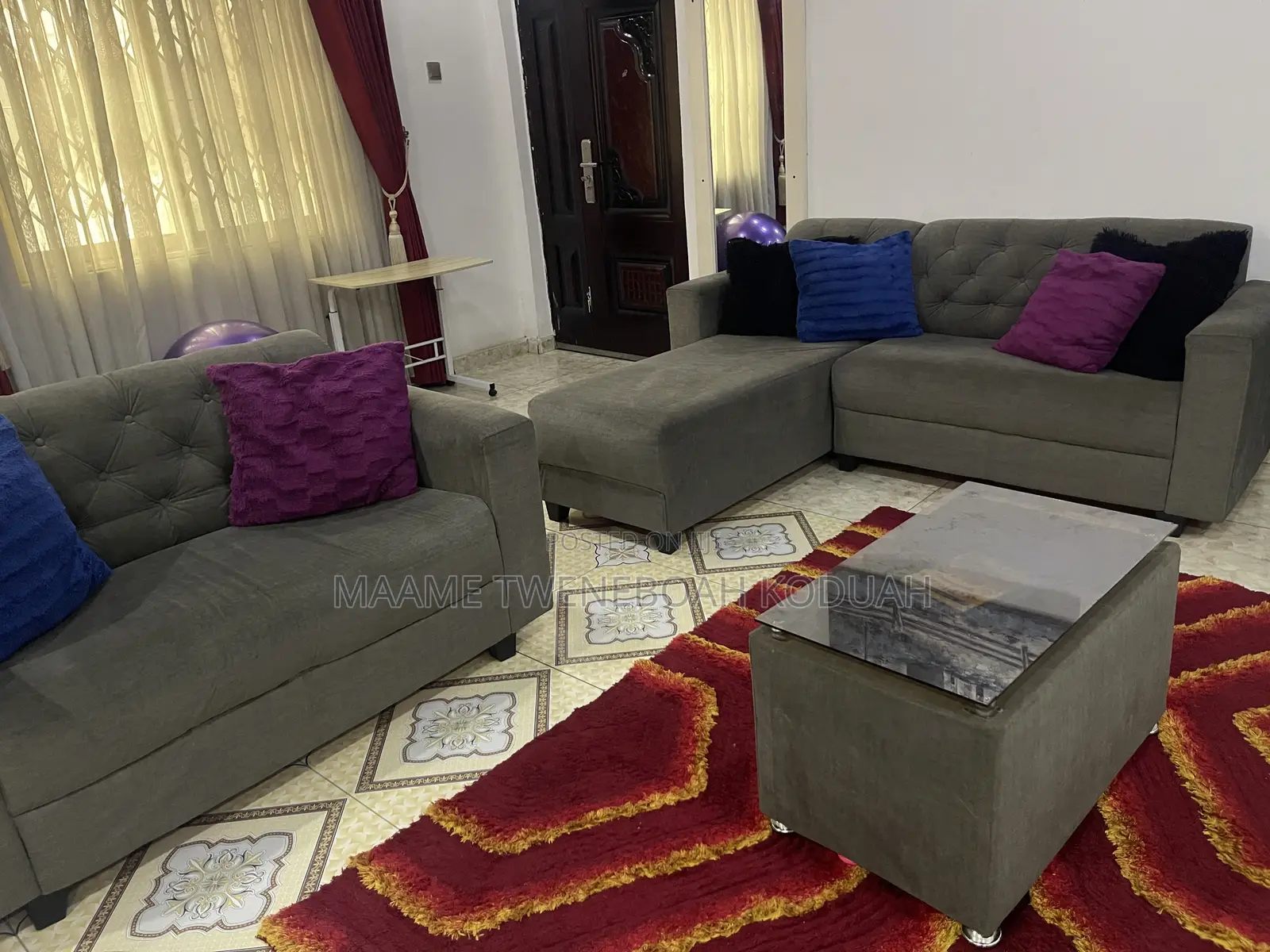 Modern Tufted Grey Fabric Sofa Set (L-Shape Sectional + 2-Seater Sofa)