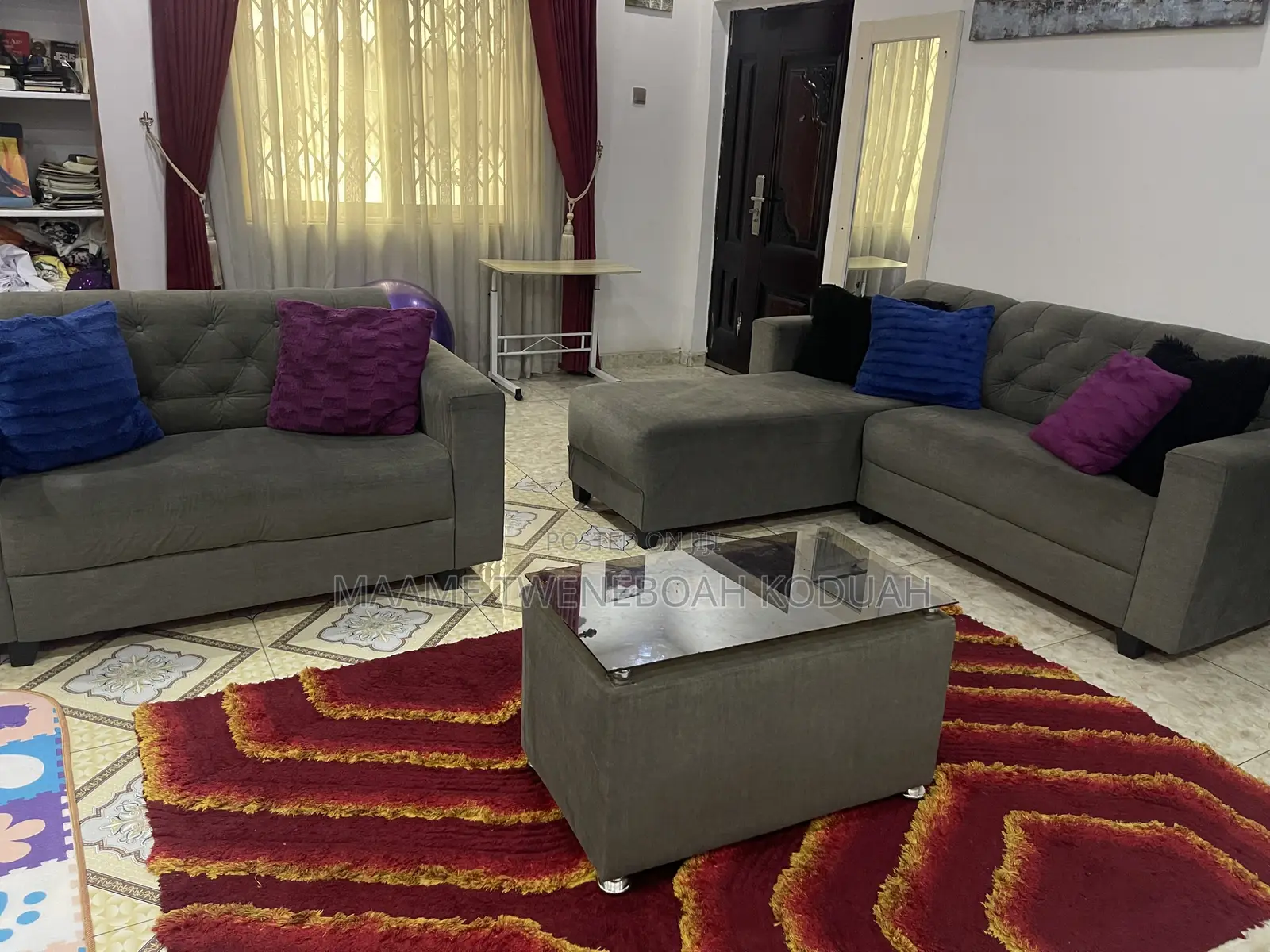 Modern Tufted Grey Fabric Sofa Set (L-Shape Sectional + 2-Seater Sofa)
