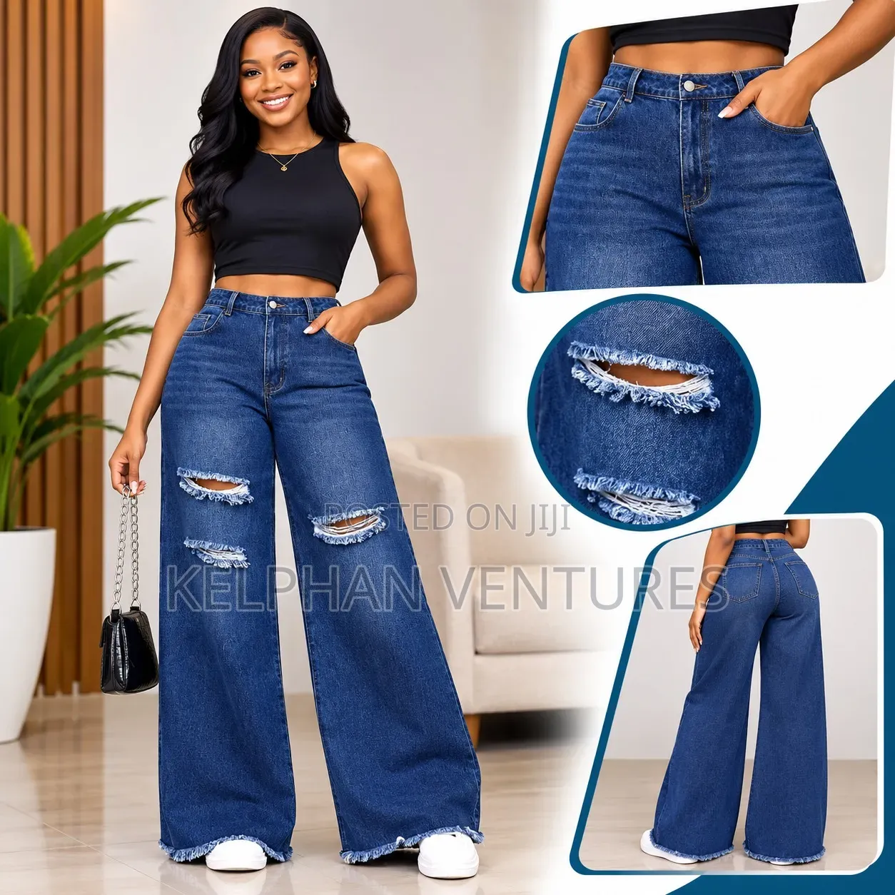 Trendy High Waisted Distressed Wide Leg Jeans