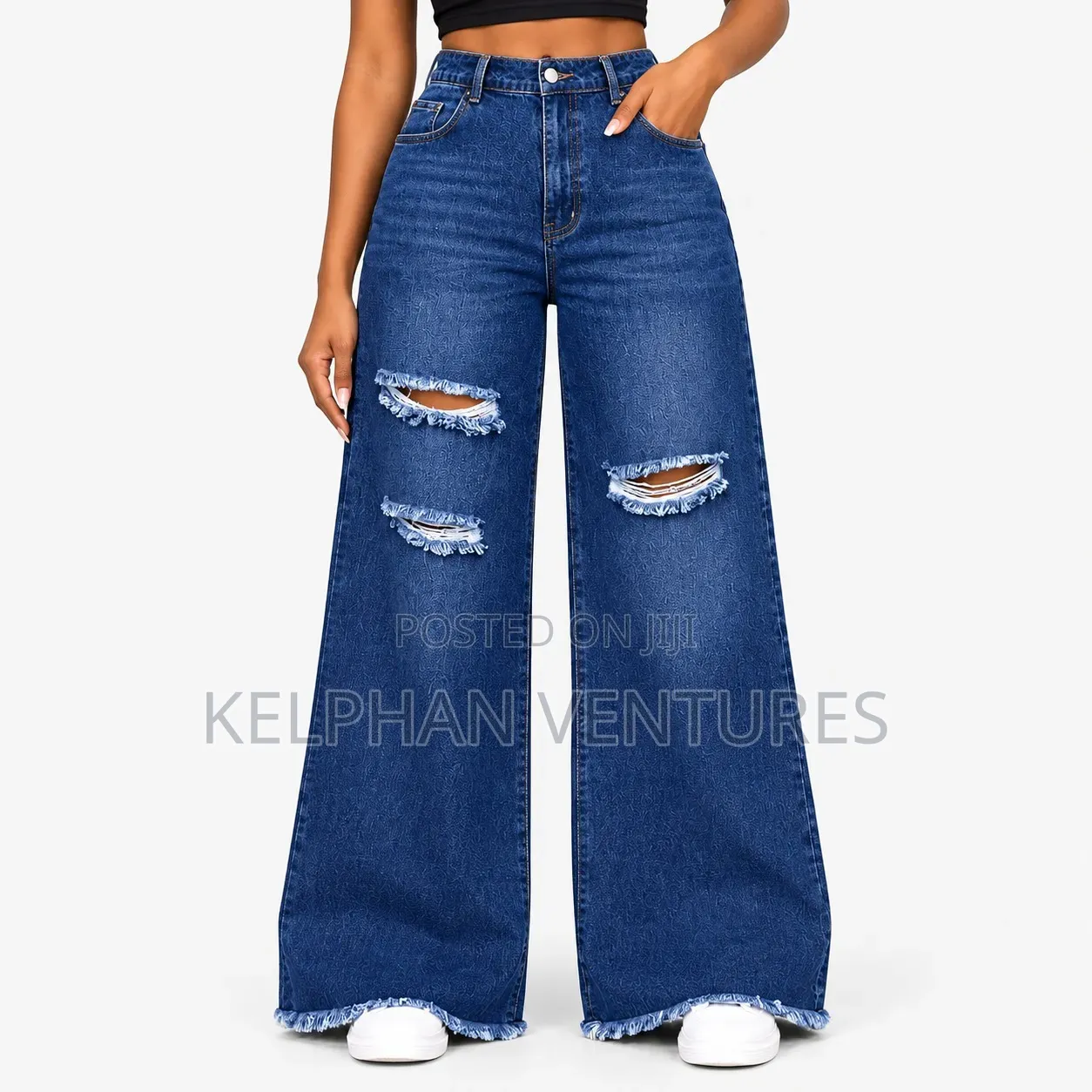 Trendy High Waisted Distressed Wide Leg Jeans