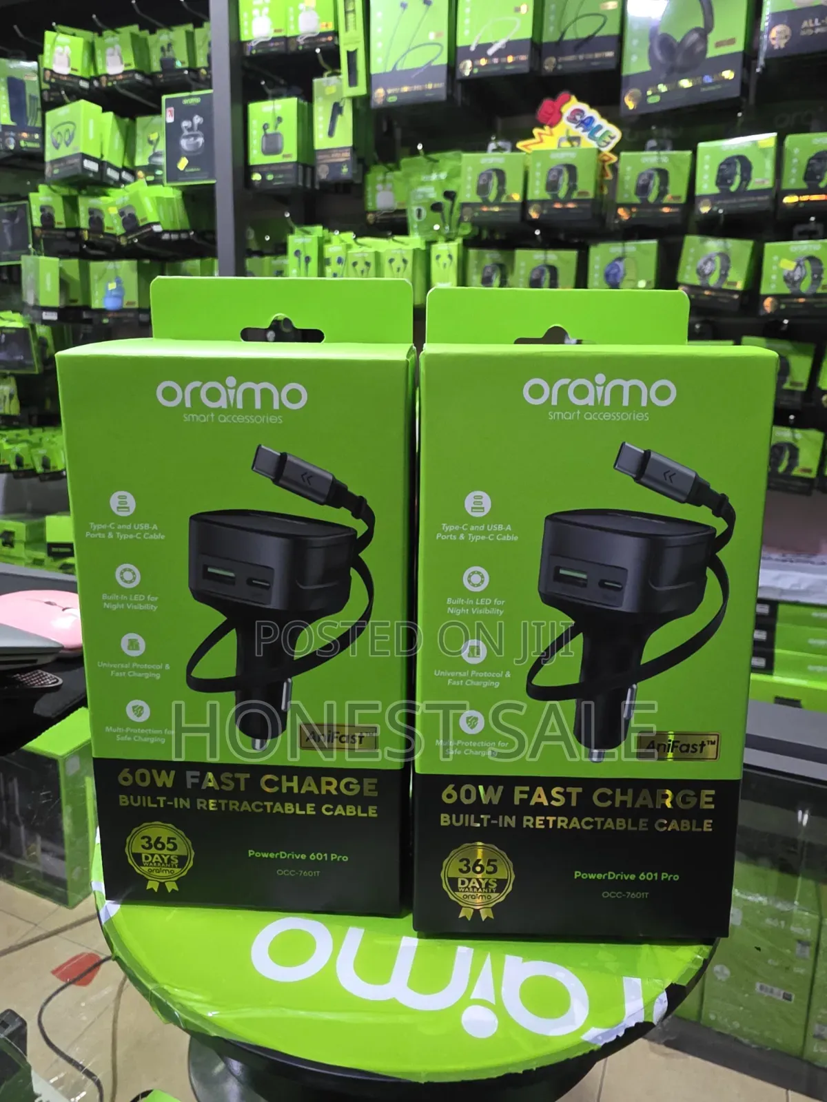 Oraimo 60W Car Fast Charging With Built-in Retractable Cable