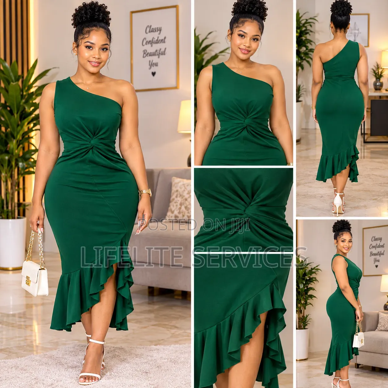 INAWLY Women's Elegant Slim Fit Neck Ruffled Hem Slit Midi Dress