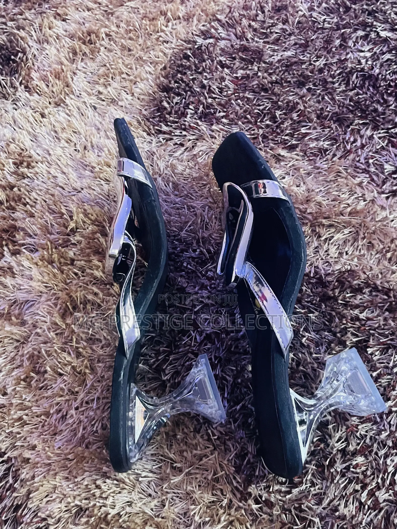 Metallic Silver Buckle Clear Sculpted Heel Mules