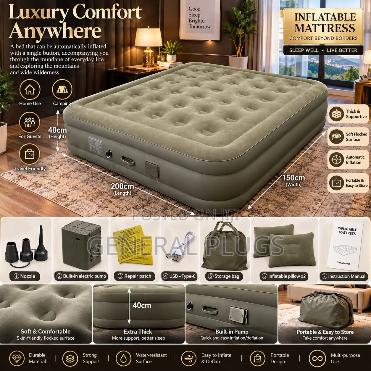 Premium Inflatable Double Size Air Mattres With Automatic Inbuilt Pump
