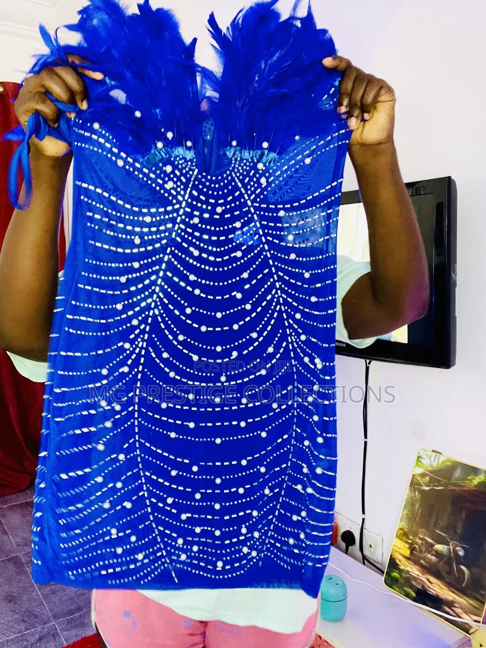 Royal Blue Pearl Rhinestone Embellished Feather Mini Dress Set