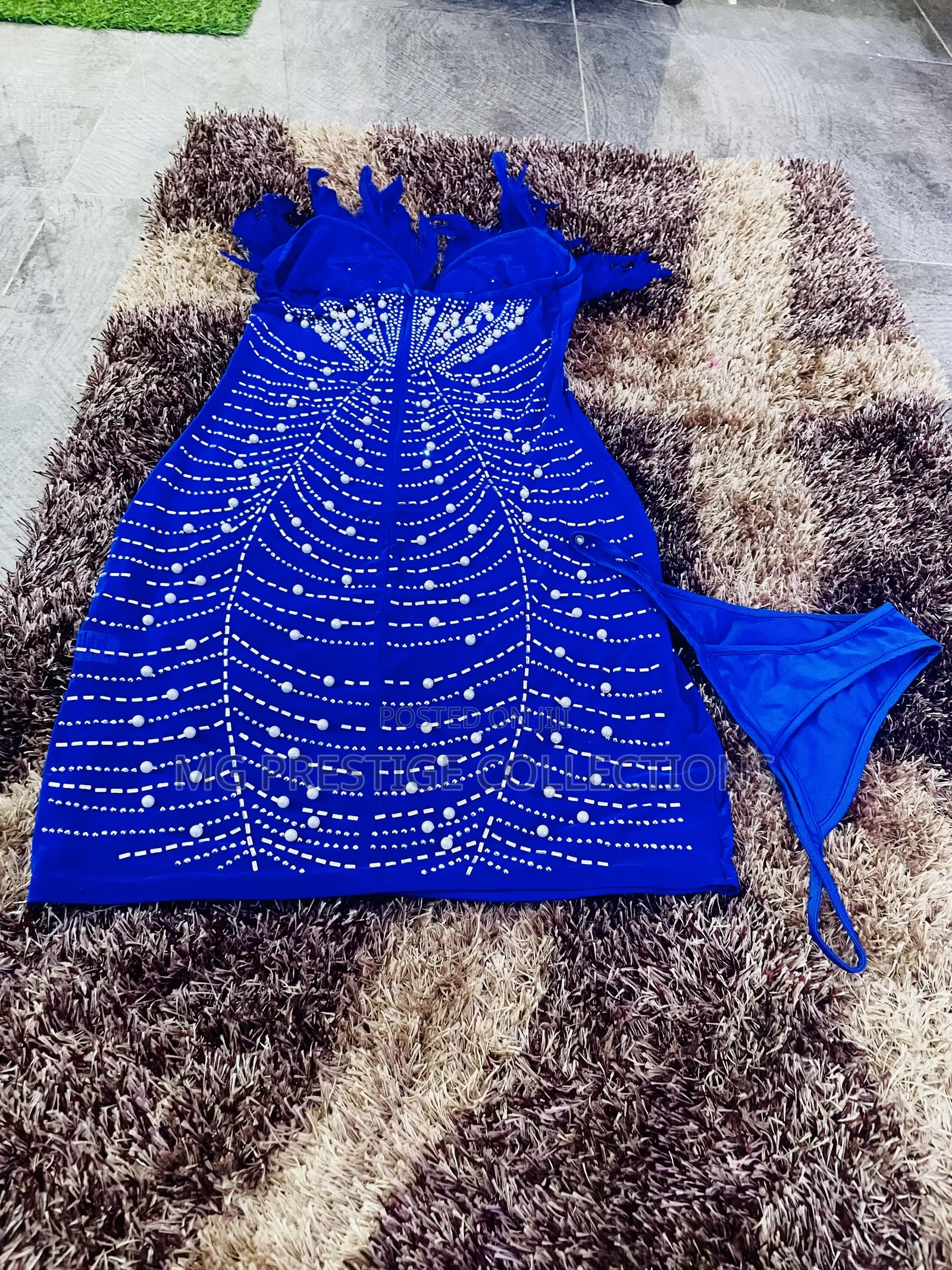 Royal Blue Pearl Rhinestone Embellished Feather Mini Dress Set
