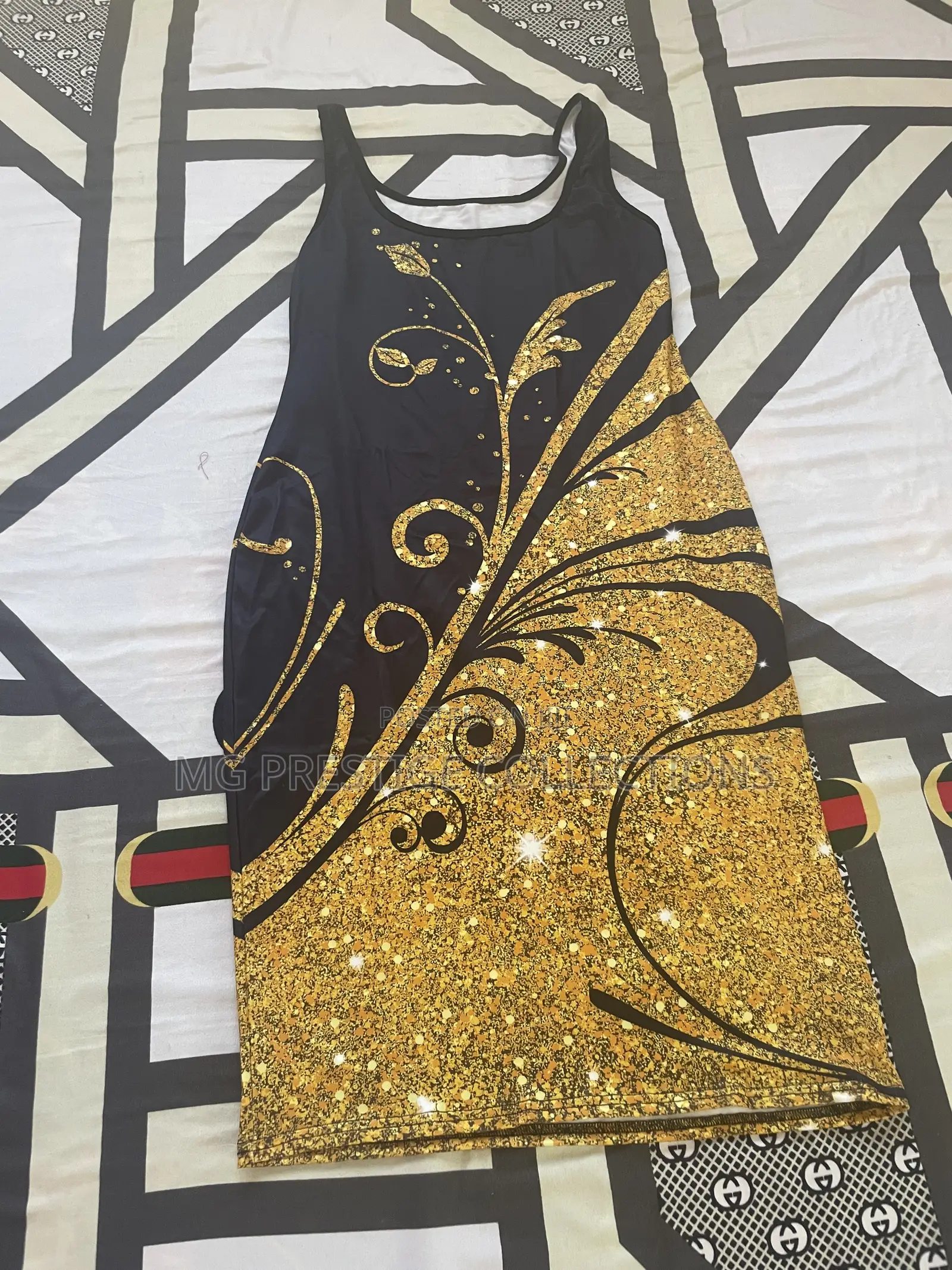 Gold Floral Print Sleeveless Bodycon Mini Dress