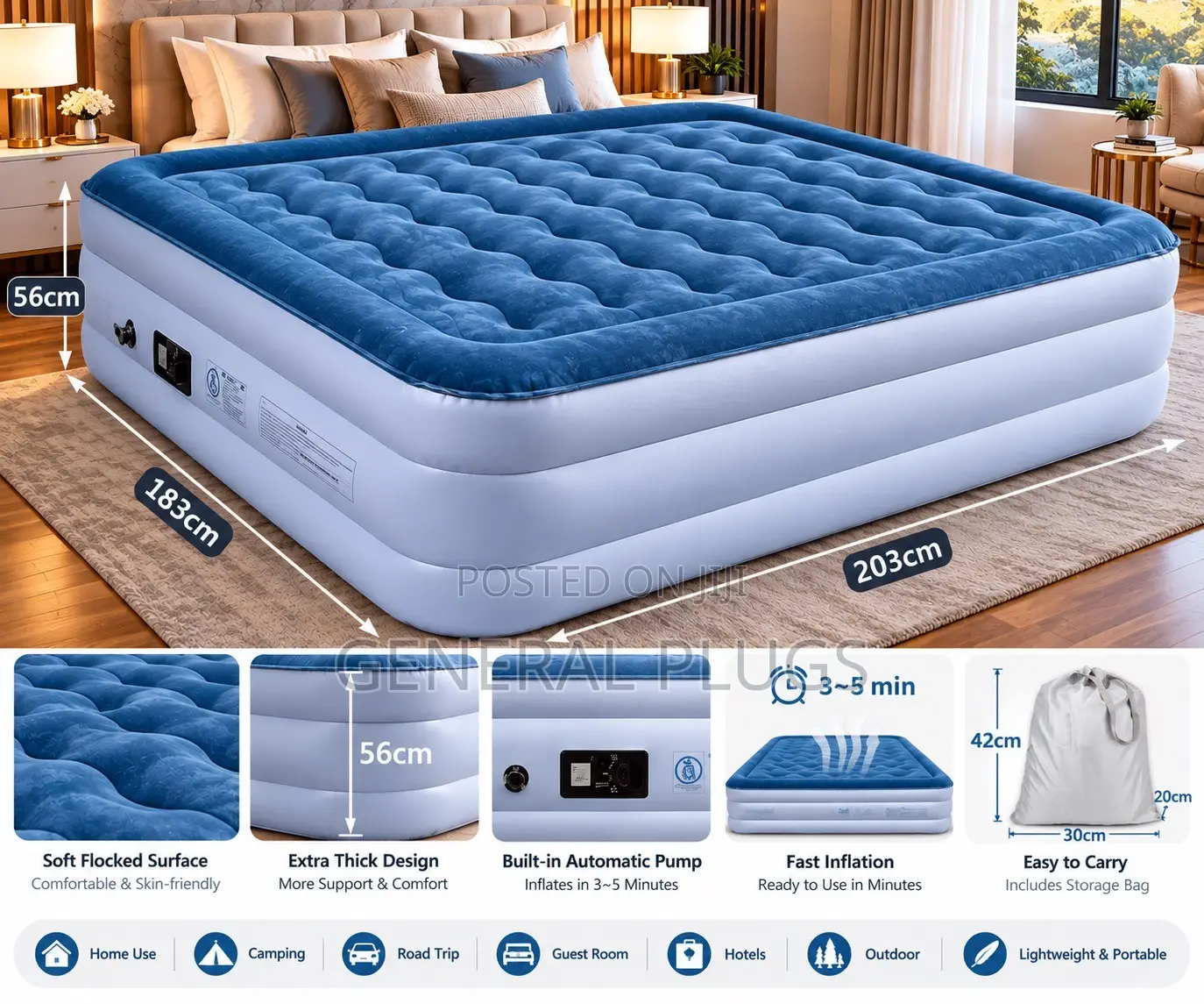 Thick Portable Double Size Inflatable Automatic Pump Air Mattress