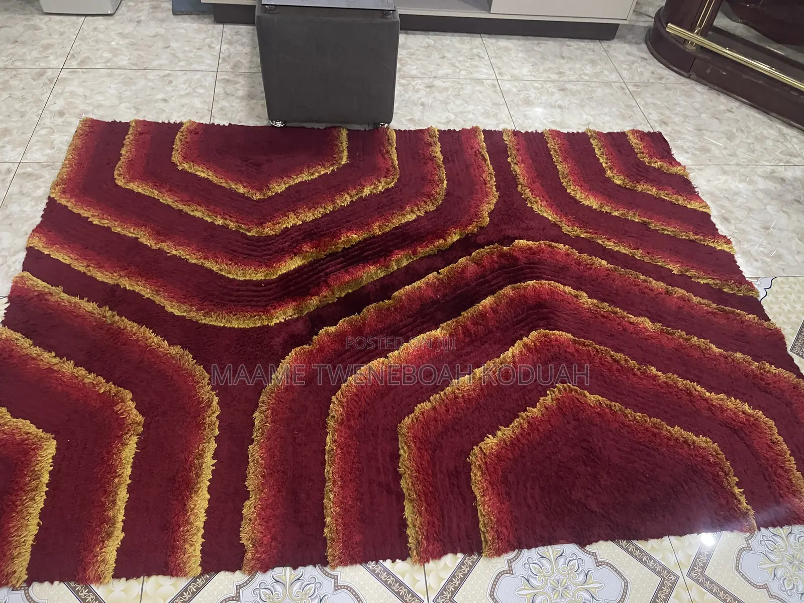 Large Premium Shaggy Area Rug – Red Gold Geometric Stripes