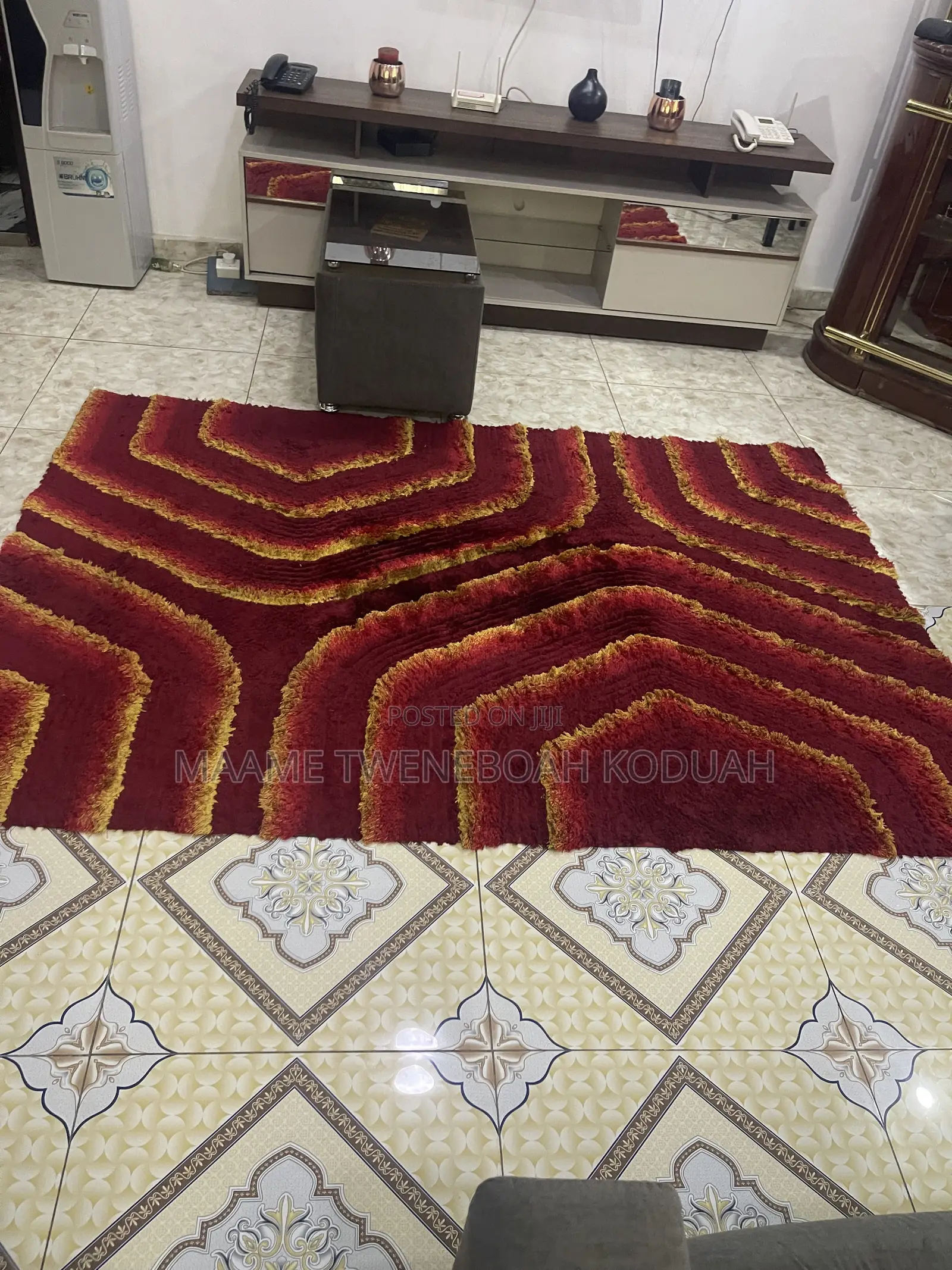 Large Premium Shaggy Area Rug – Red Gold Geometric Stripes