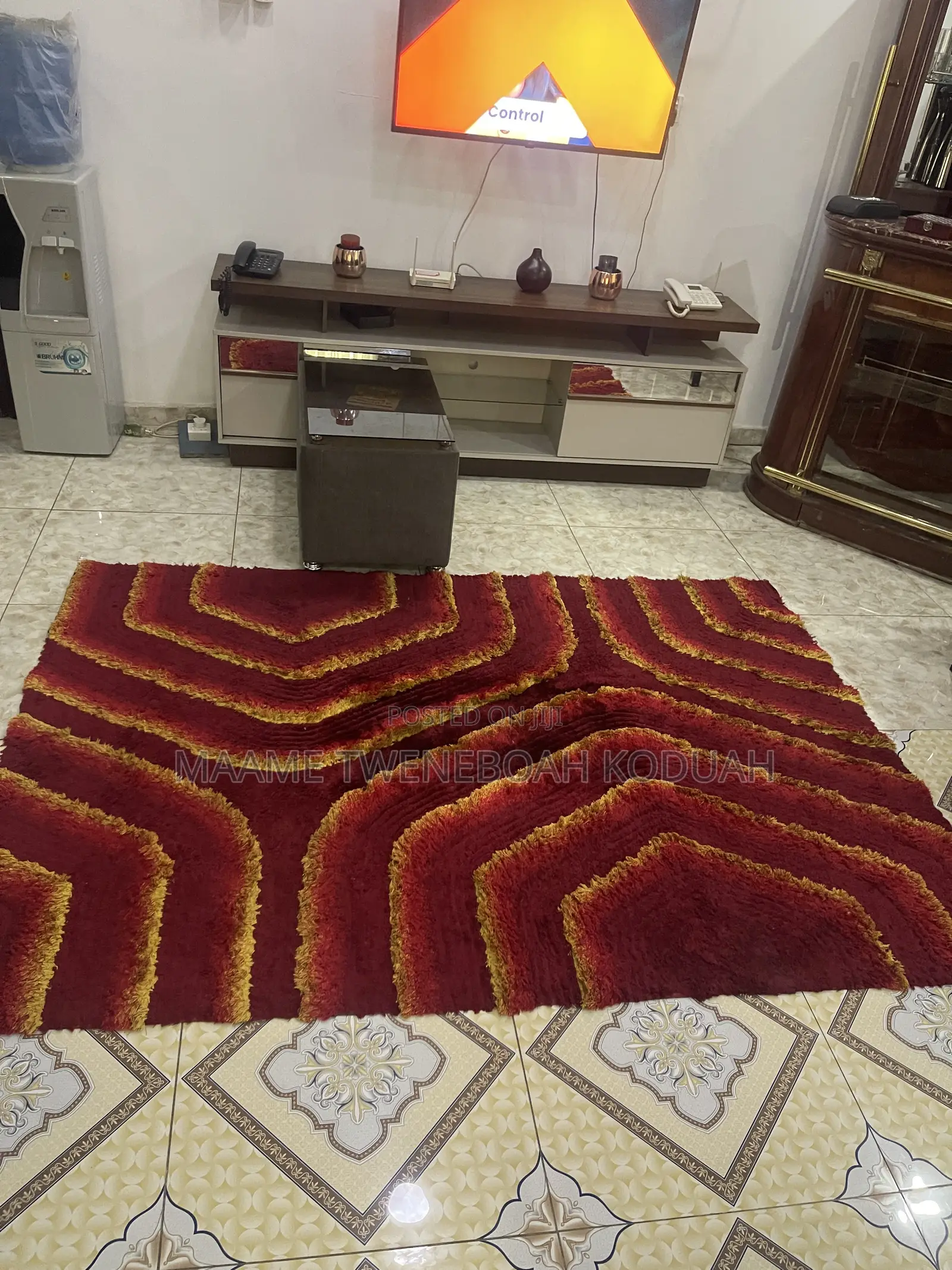 Large Premium Shaggy Area Rug – Red Gold Geometric Stripes