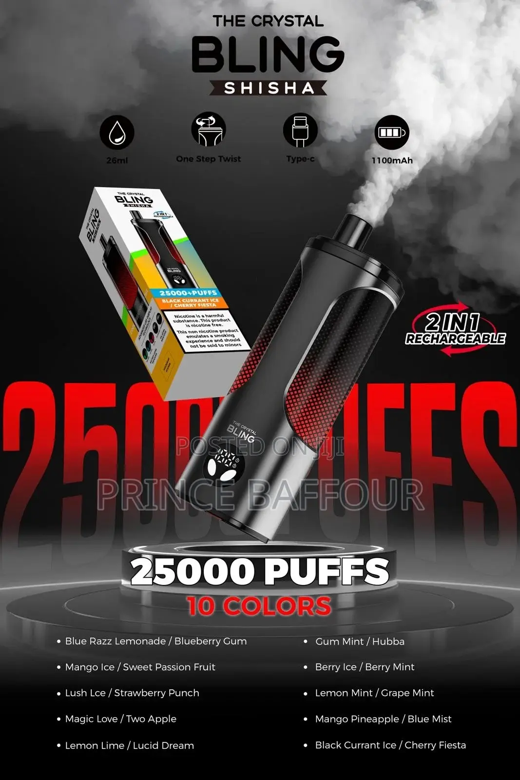 25000 Puffs Disposable Vape Shisha 2 in 1 Flavors