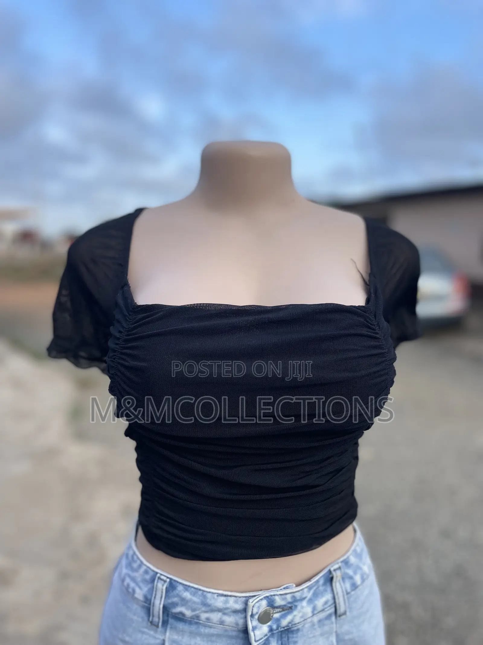 Black Ruched Square Neck Crop Top