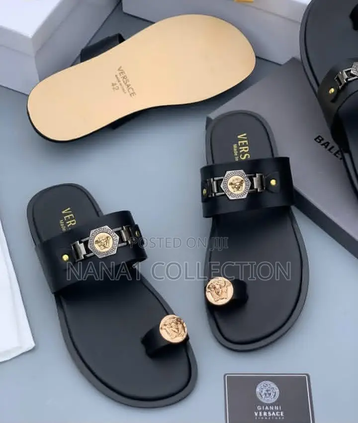 Versace Inspired Black Leather Slippers