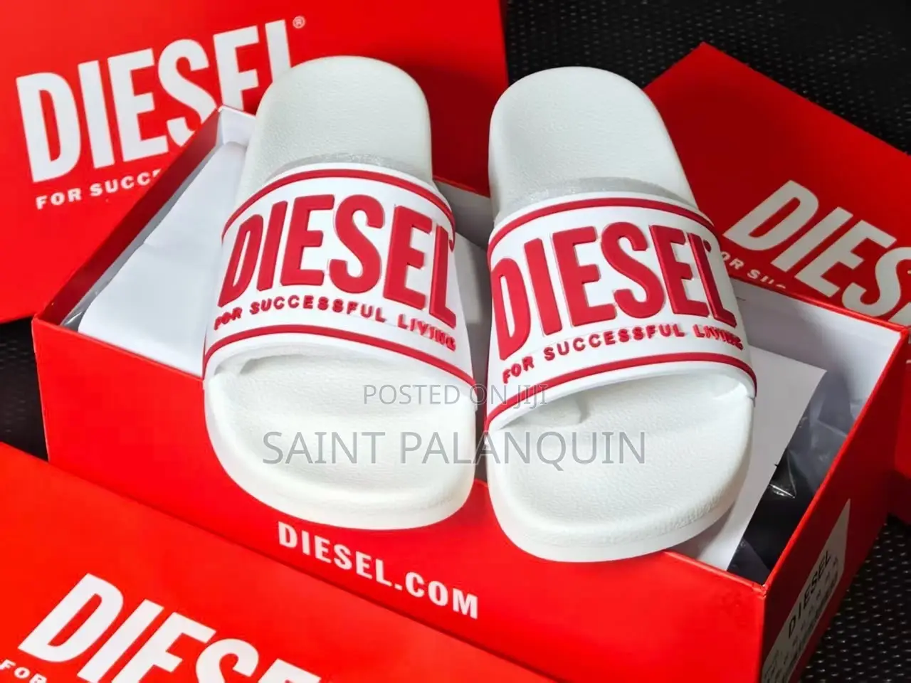 Pair of White Diesel Sa-Mayemi Slide Sandals With Prominent Red Logo