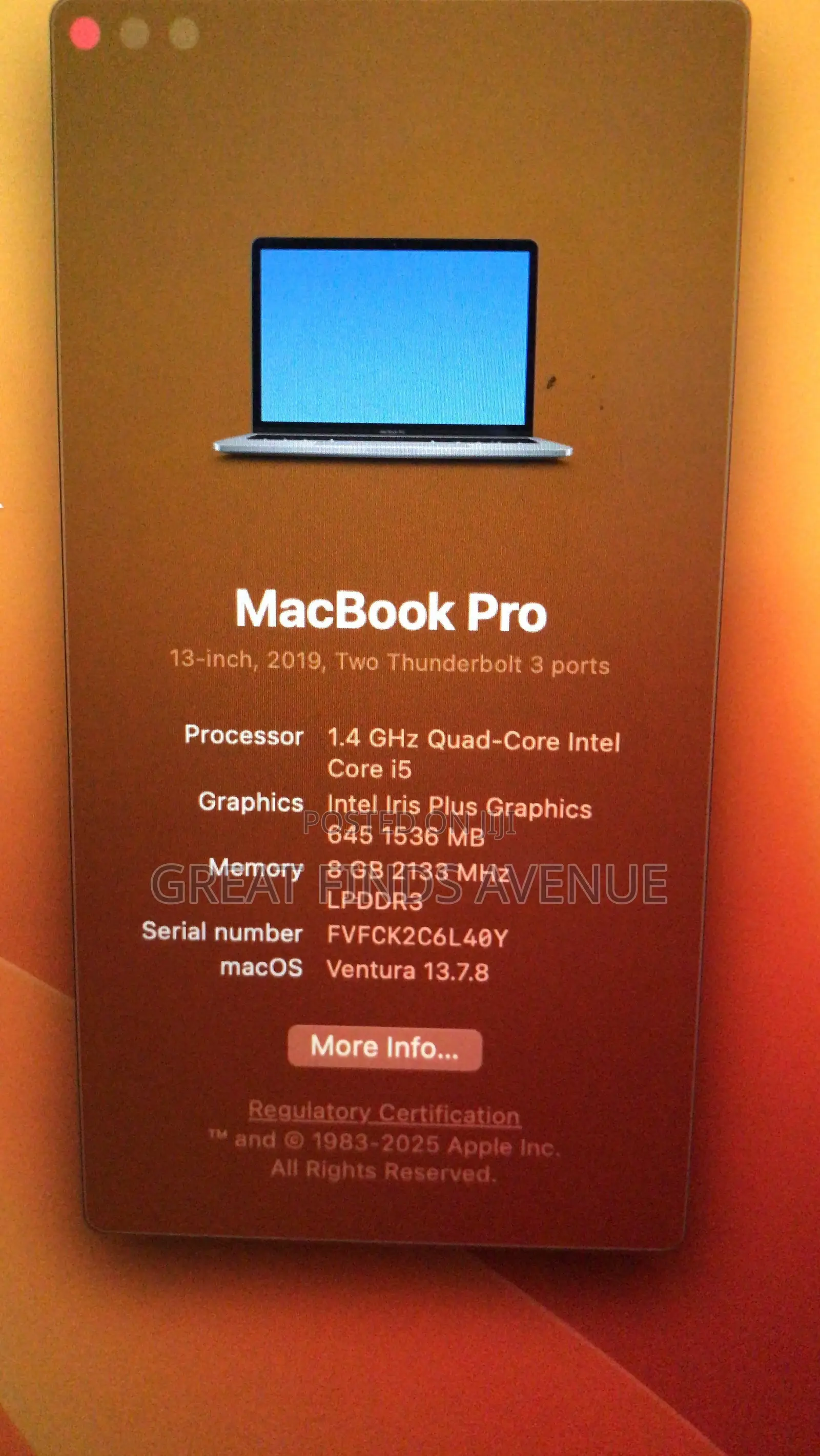 Laptop Apple MacBook Pro 2019 8GB Intel Core i5 SSD 256GB