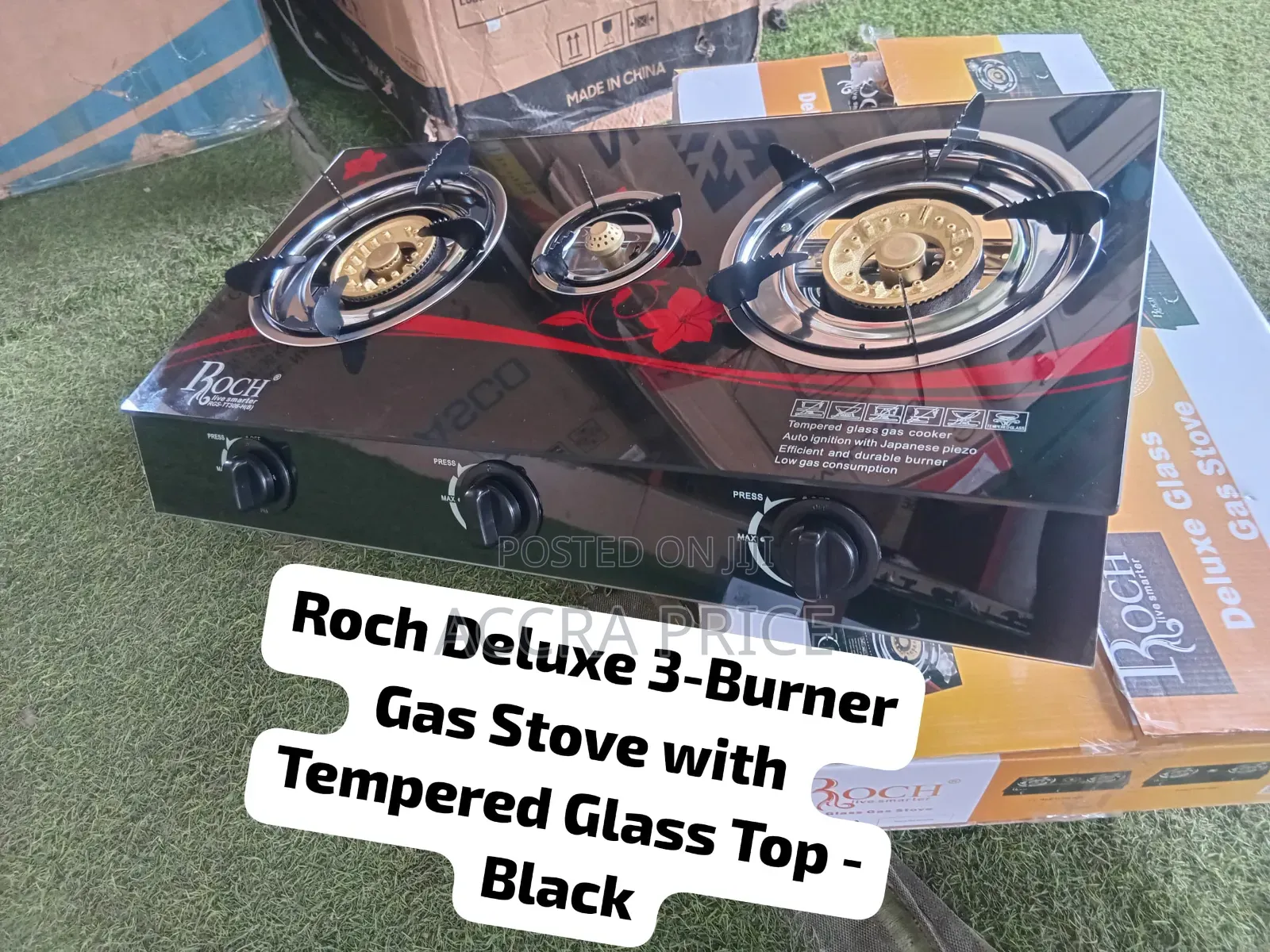 Roch 3-Burner Gas Stove Deluxe Edition – Tempered Glass Top, Elegant
