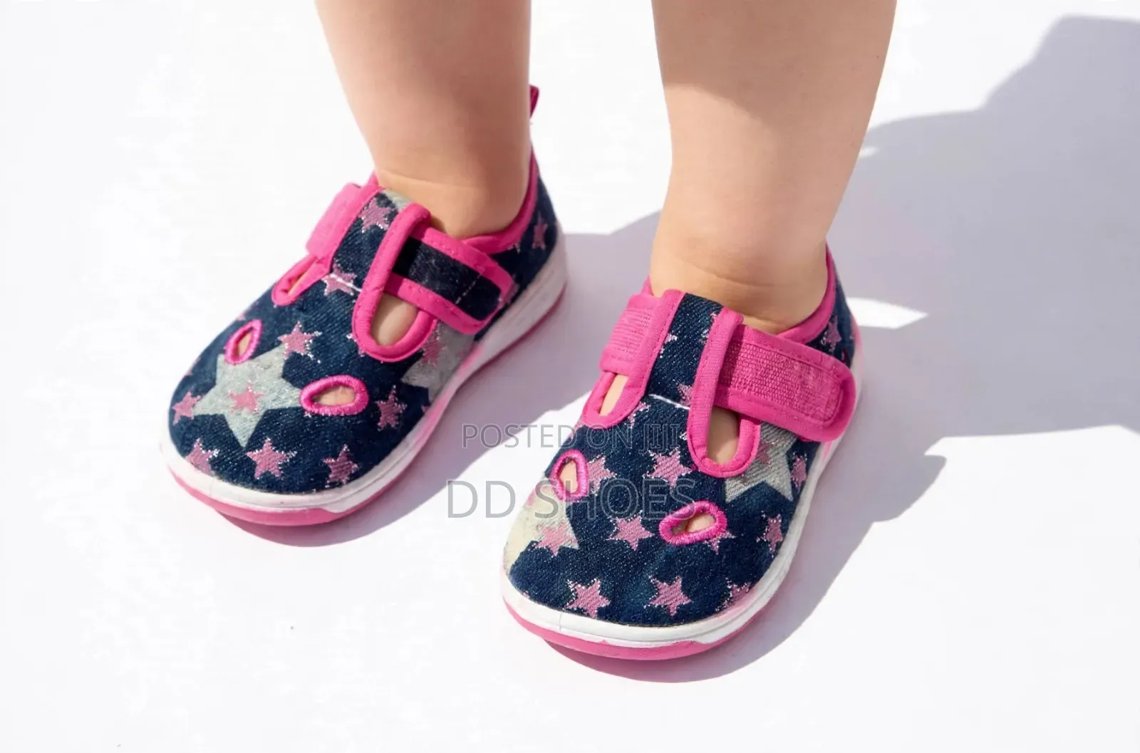 Navy Denim Star Print T-Bar Baby Shoes With Pink Velcro Strap