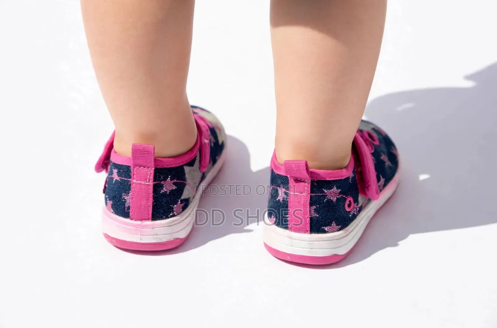 Navy Denim Star Print T-Bar Baby Shoes With Pink Velcro Strap