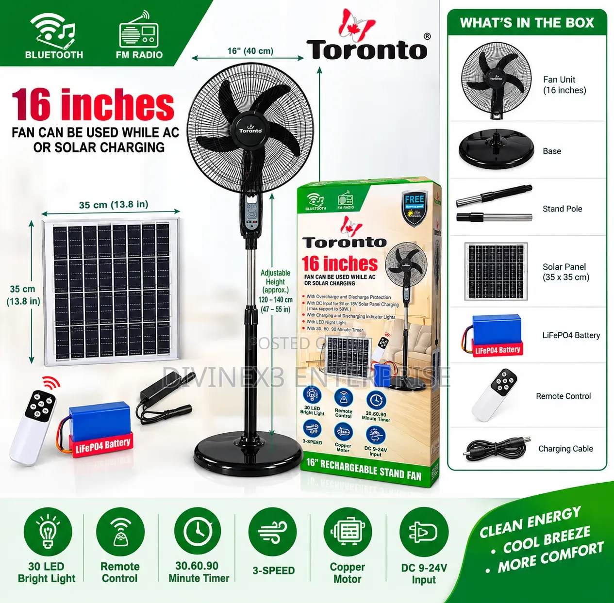 16" Rechargeable Stand Fan With Solar Panel