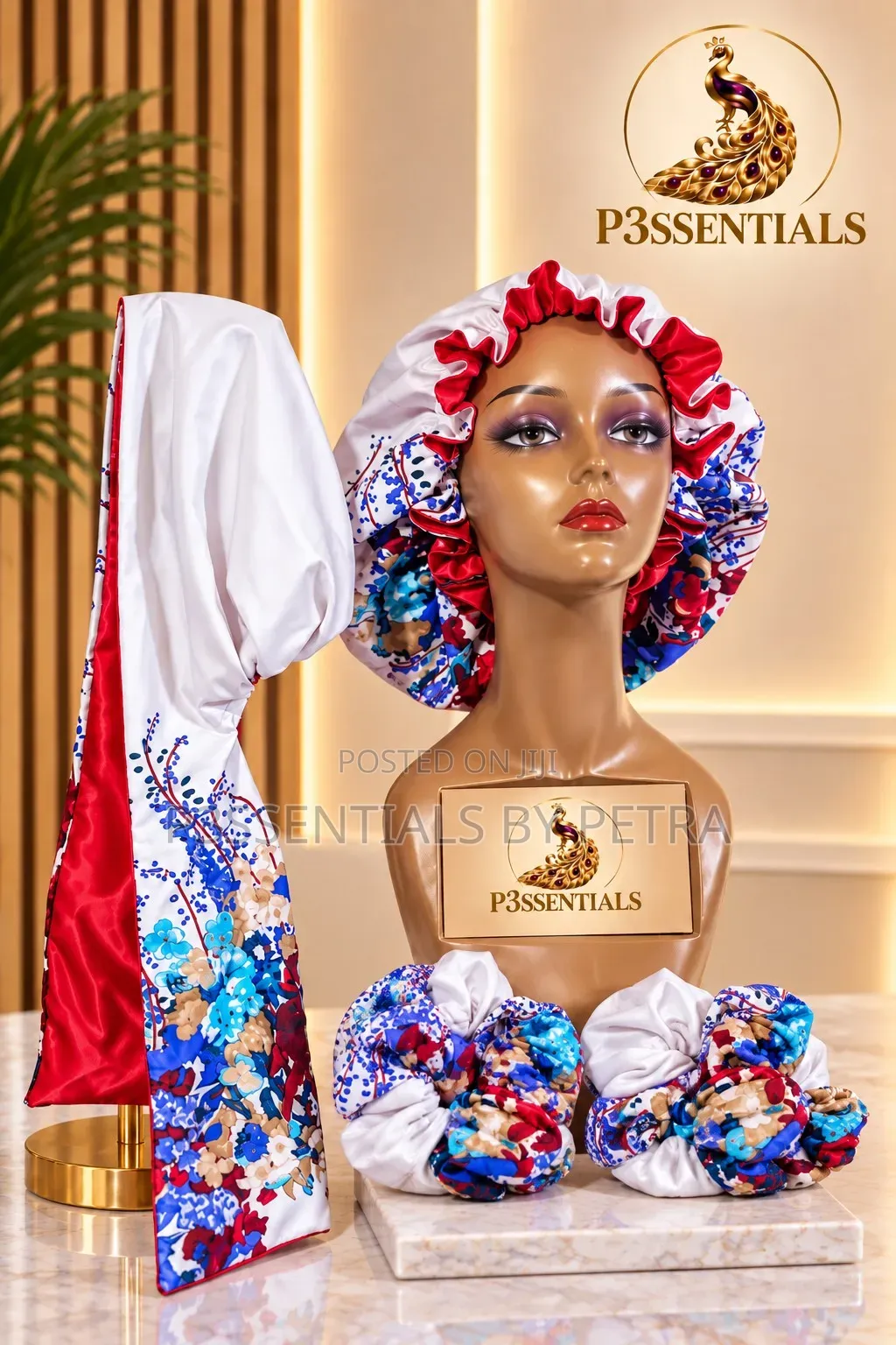 White Floral Bonnet, Scarf Scrunchies Set