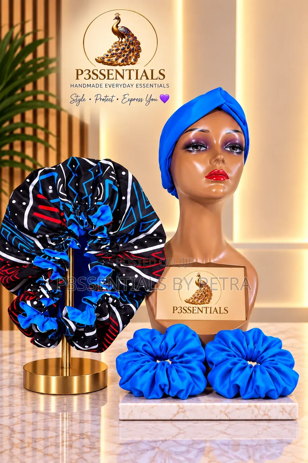 Blue Black Bonnet, Headband Scrunchies Set