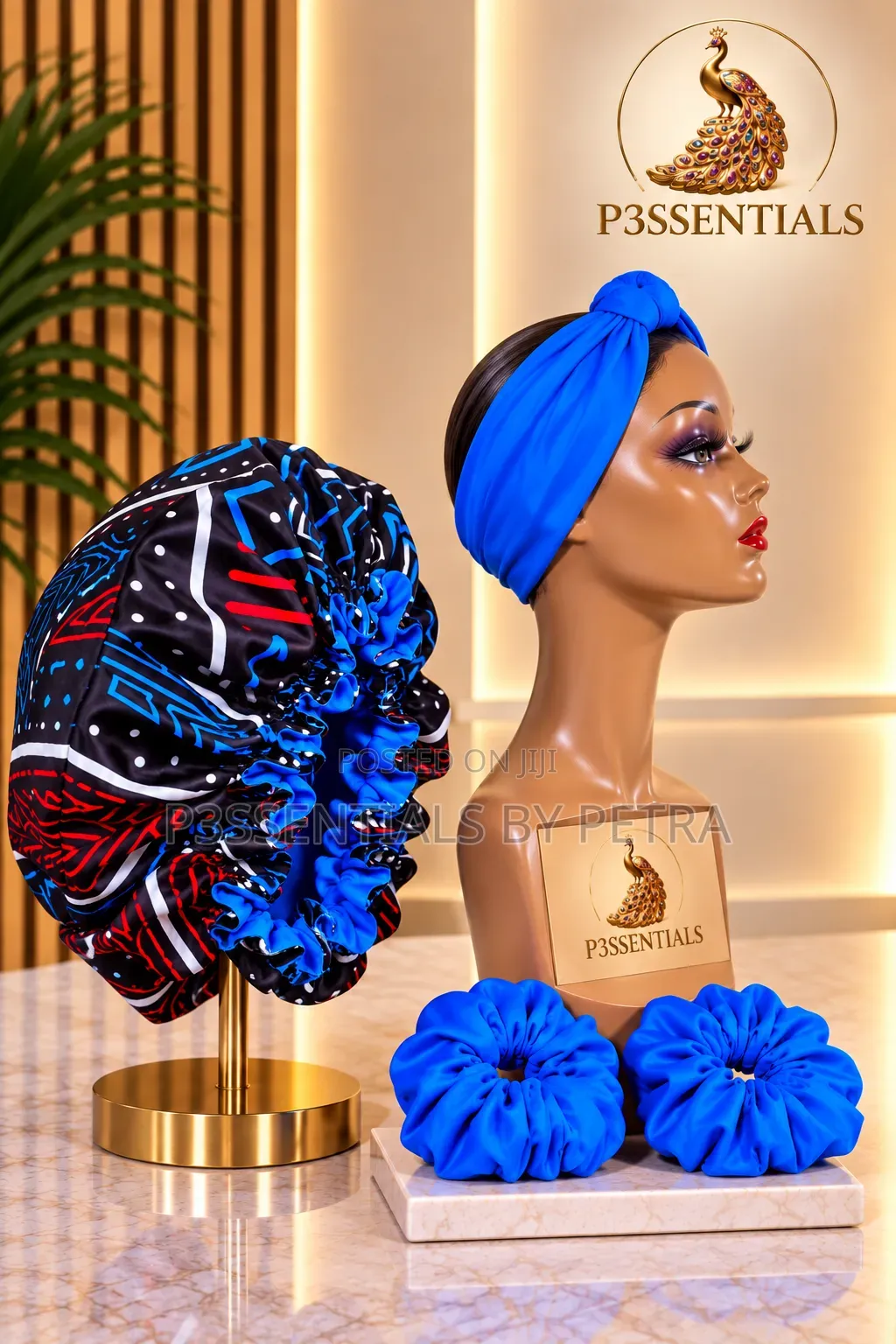 Blue Black Bonnet, Headband Scrunchies Set