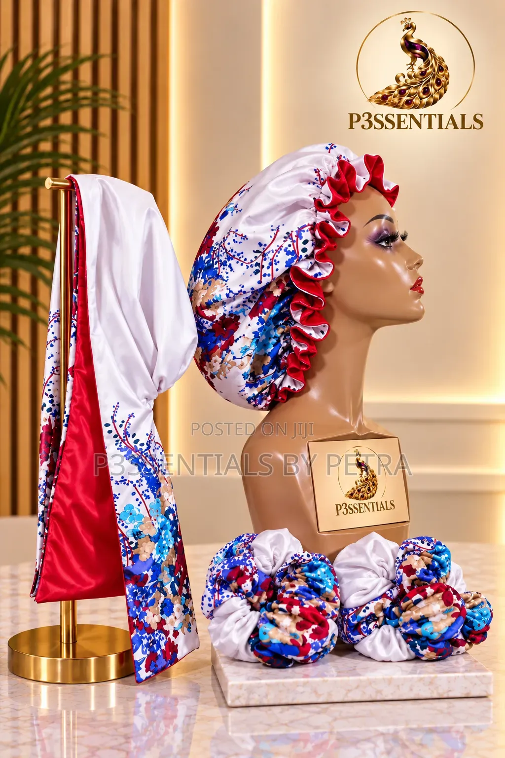 White Floral Bonnet, Scarf Scrunchies Set
