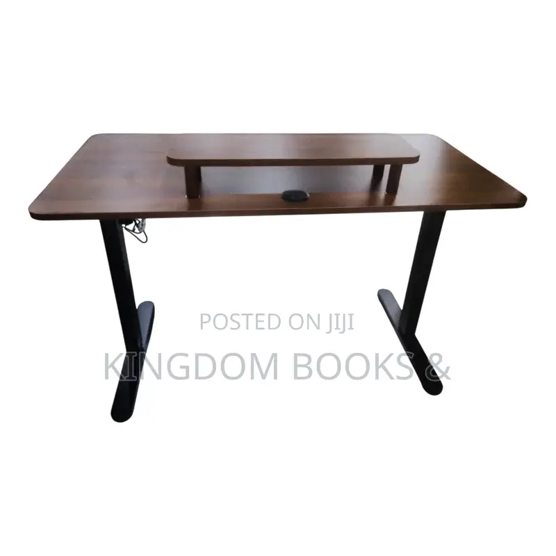 Electric Height Adjustable Desk With Monitor Riser - Dark Wood / Black