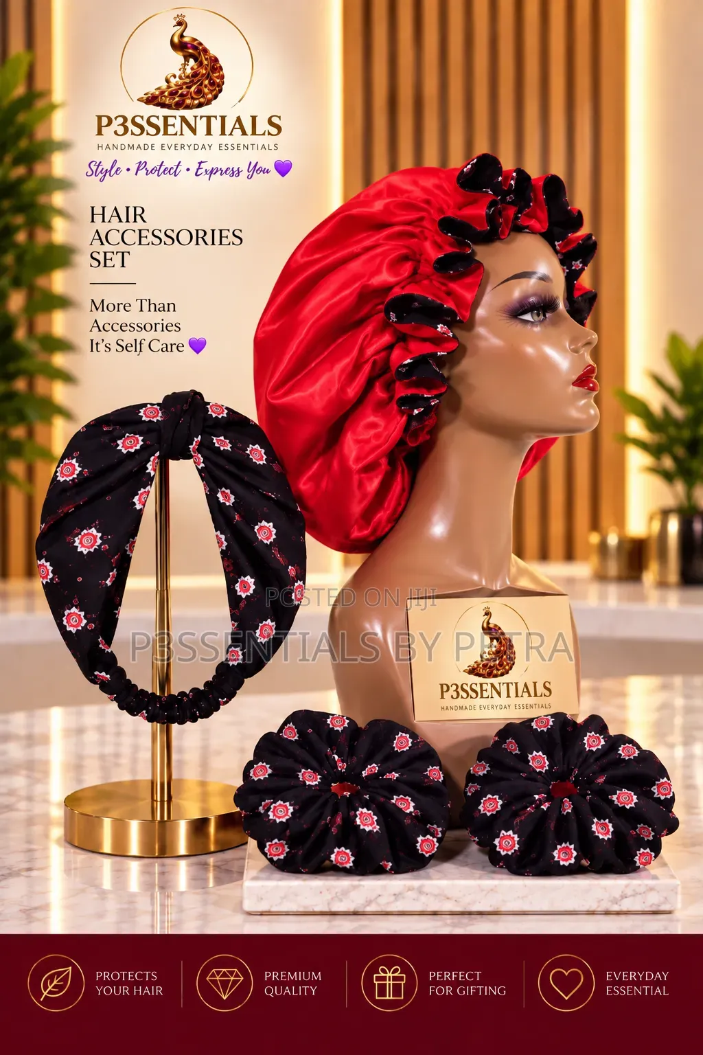 Red Black Chiffon Satin Bonnet Scrunchies Set