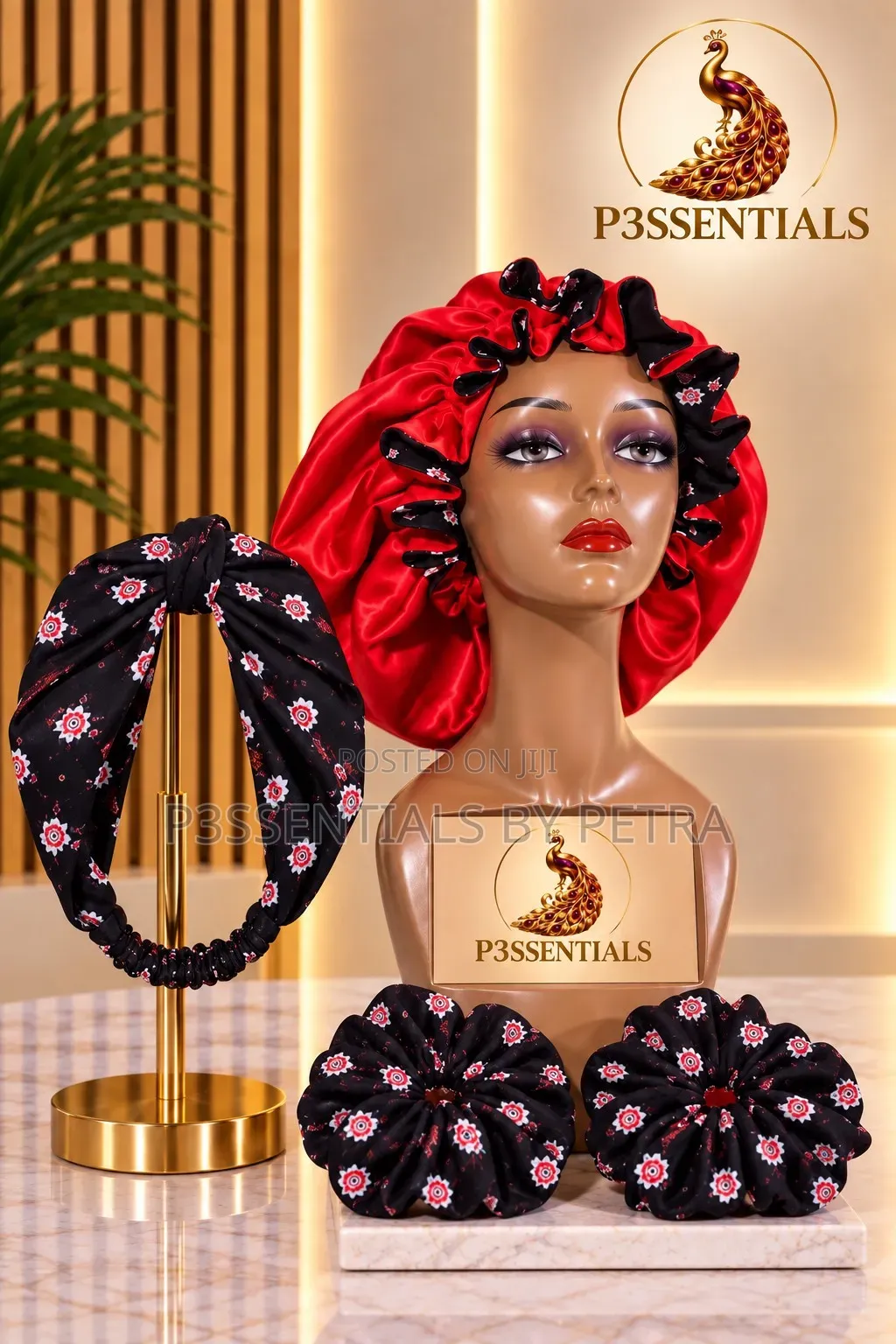 Red Black Chiffon Satin Bonnet Scrunchies Set