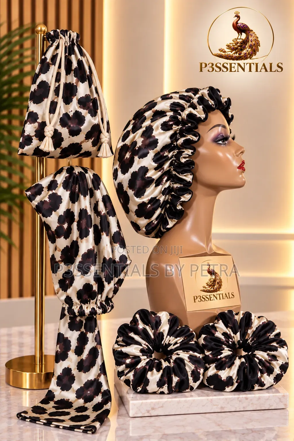 Black Cream Bonnet, Scarf Scrunchies Set