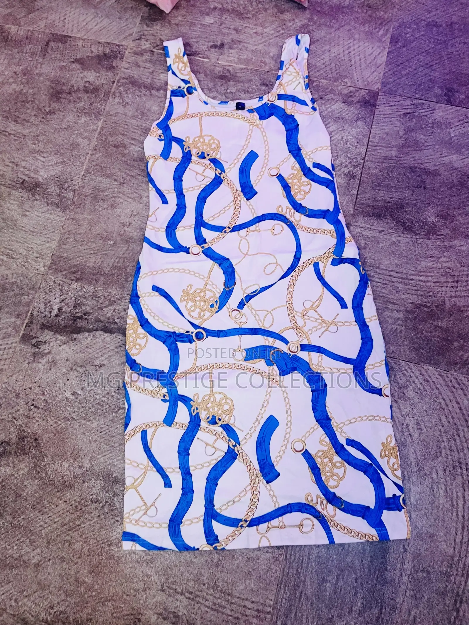 Stylish White Blue Chain Print Bodycon Dress