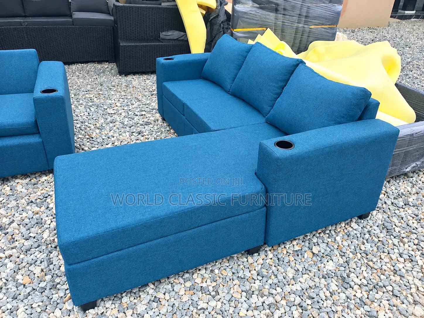 Blue and Color Black L-Shaped Sectional Sofa With Chaise