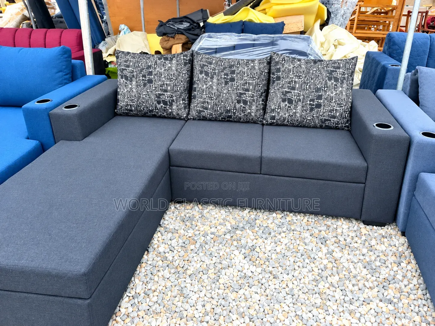 Blue and Color Black L-Shaped Sectional Sofa With Chaise