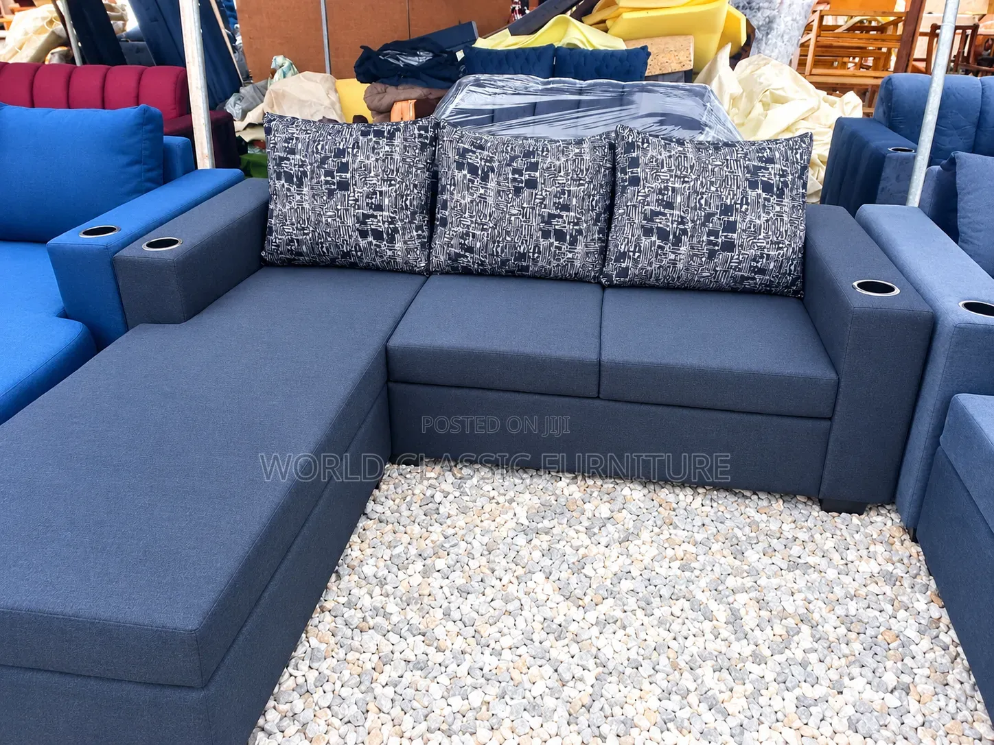 Blue and Color Black L-Shaped Sectional Sofa With Chaise