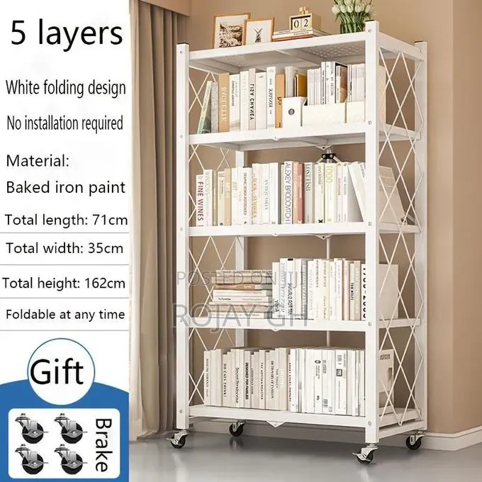 5-Tier Heavy Foldable Storage/Kitchen Duty Rack With Wheels - White