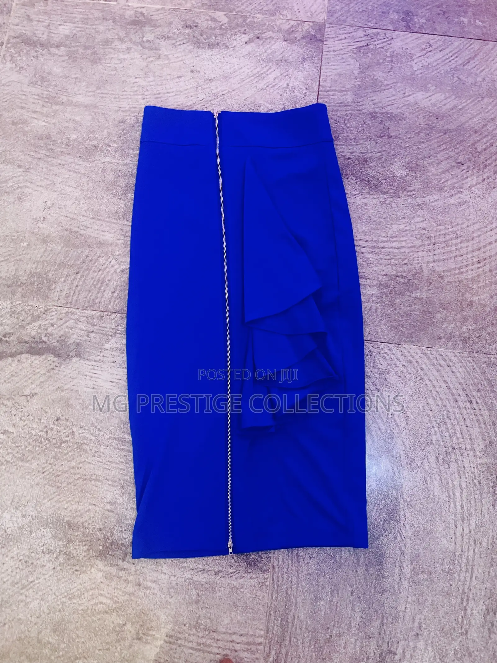 Stylish Royal Blue High-Waist Pencil Skirt With Front Ruffle Zip