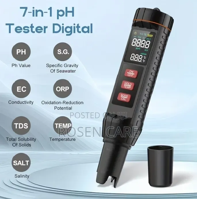 7-in-1 Ph Meter, Tds, Ec, Salt, Temps, S.G, Orp, Water Quality Tester