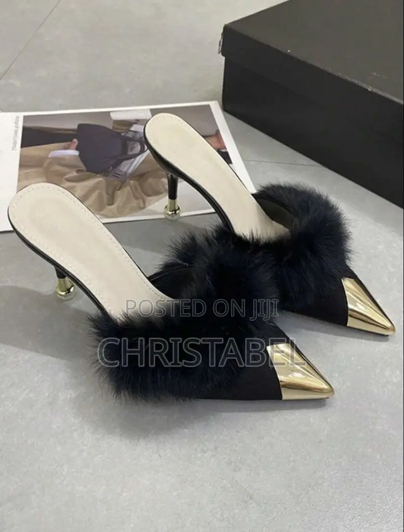 Ladies Black Pointed Toe Fur Mules Shoes