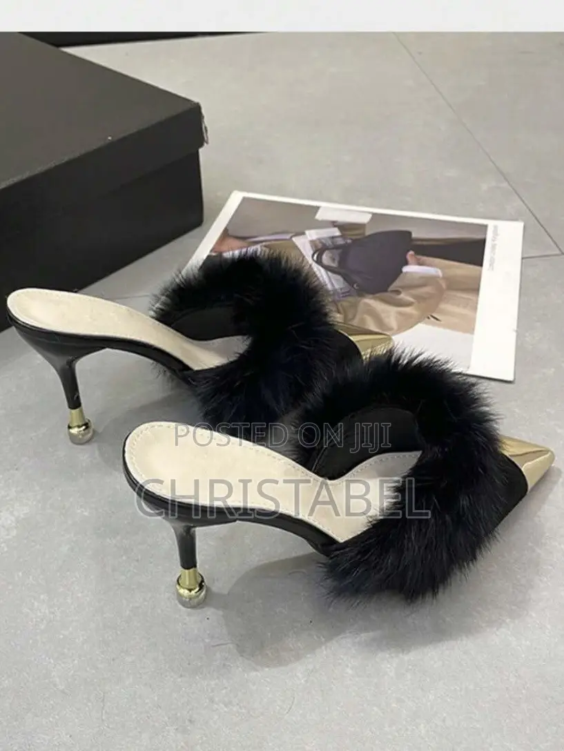 Ladies Black Pointed Toe Fur Mules Shoes
