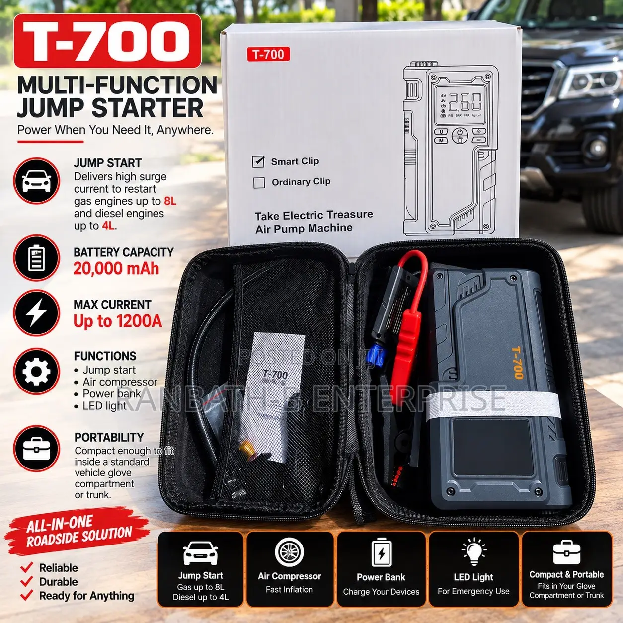 T-700 Jump Starter Tyre Inflator – 20,000mAh.