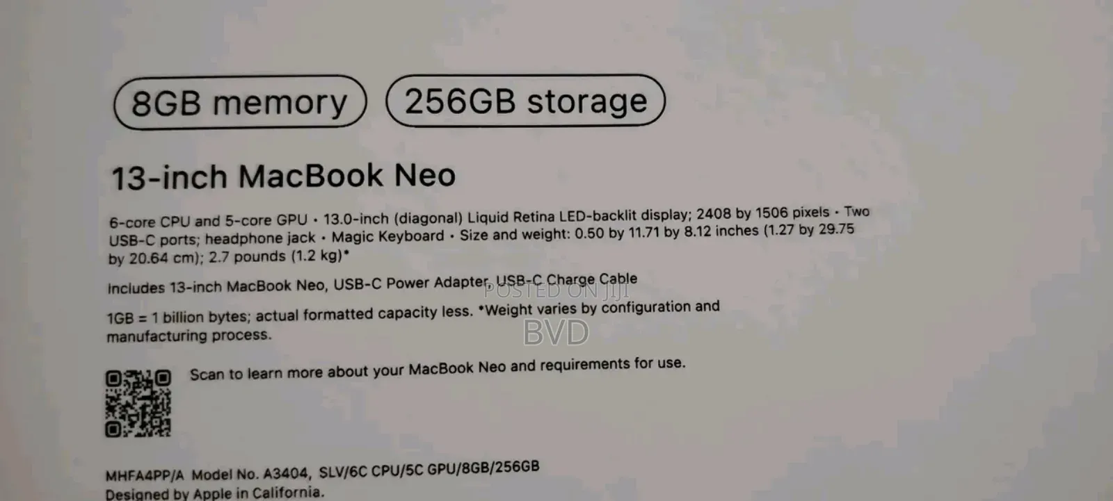 New Laptop Apple MacBook Neo 2026 8GB Apple M3 SSD 256GB