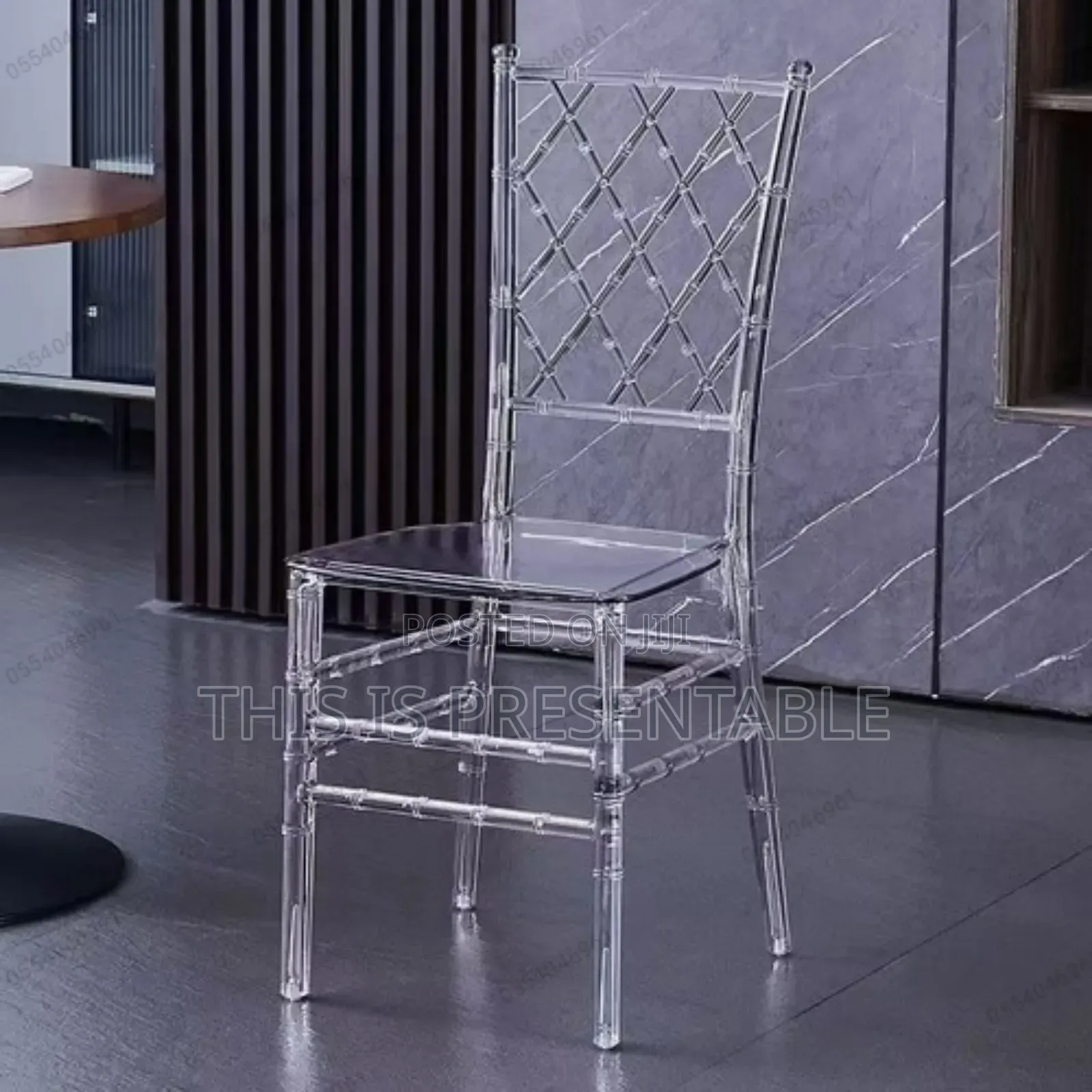 Acrylic / Crystal / Ghost Chairs and Cross-Back Chairs Are for Sale